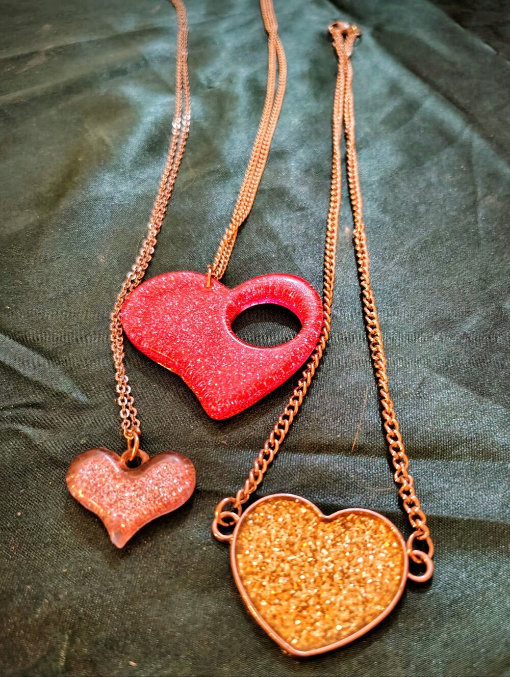 Vintage Y2K Glitter Heart Necklace Lot Long Stainless Steel Chain Resin Set